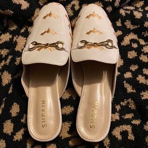 SHEIN size 42 cream color mules with gold color embroidered bats
